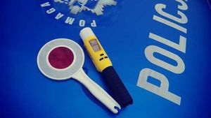 Alkosensor oraz tarcza sygnalizacyjna położone na radiowozie policyjnym