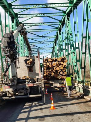 Ciężarówka z rozsypanym drzewem blokuje ruch na moście w Tryńczy