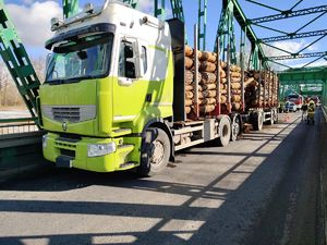 Ciężarówka z rozsypanym drzewem blokuje ruch na moście w Tryńczy