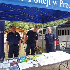 Policjanci podczas piknik na stoisku profilaktycznym i z psami policyjnymi
