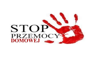 Plakat na którym jest dłoń i napis Stop Przemocy Domowej